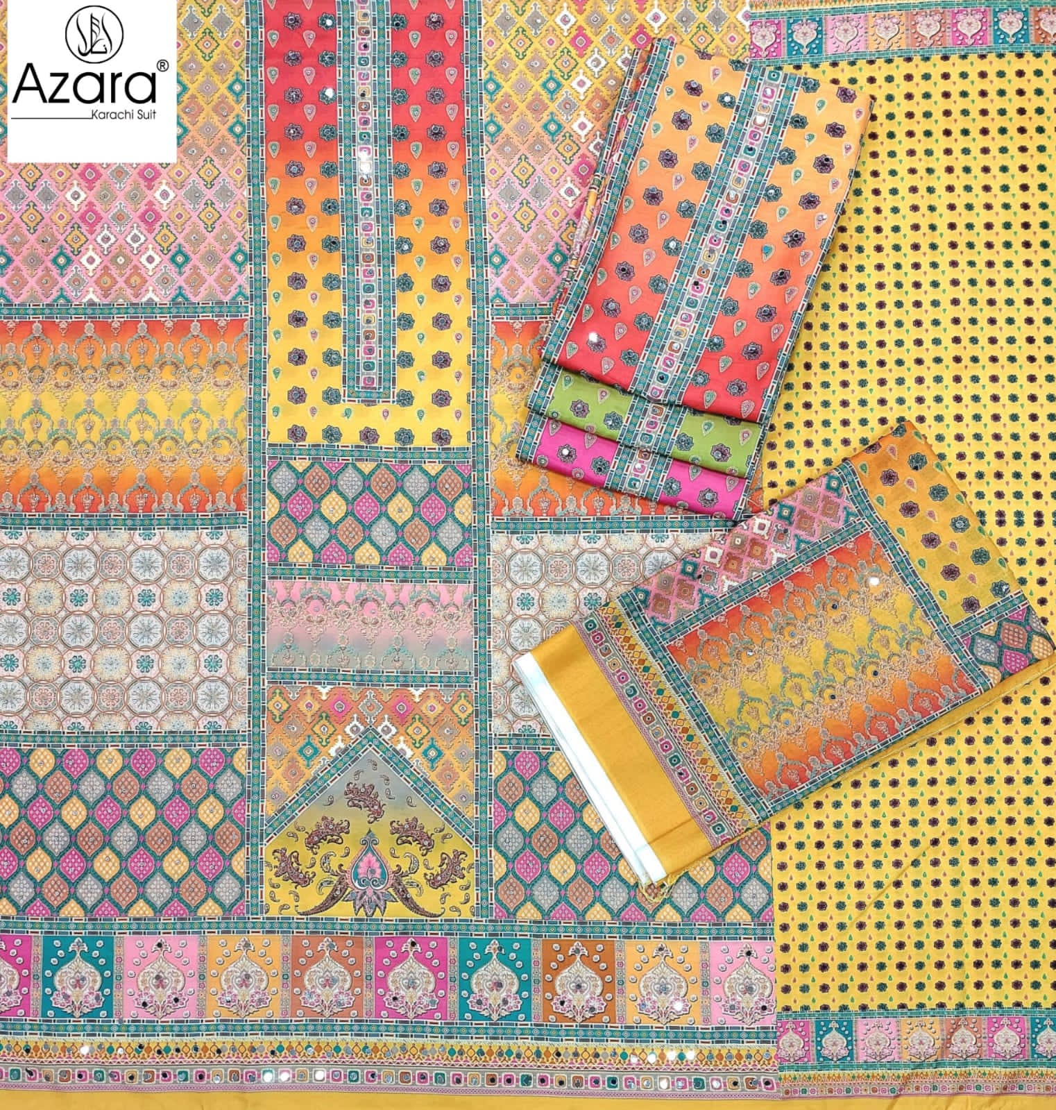 Rich Gold Radhika Fashion Azara Muslin Karachi Salwar Suits Supplier India