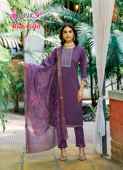 Rich Gold Vol 4 Mystic 9 Jam Satin Readymade Pant Style Suits Exporter India