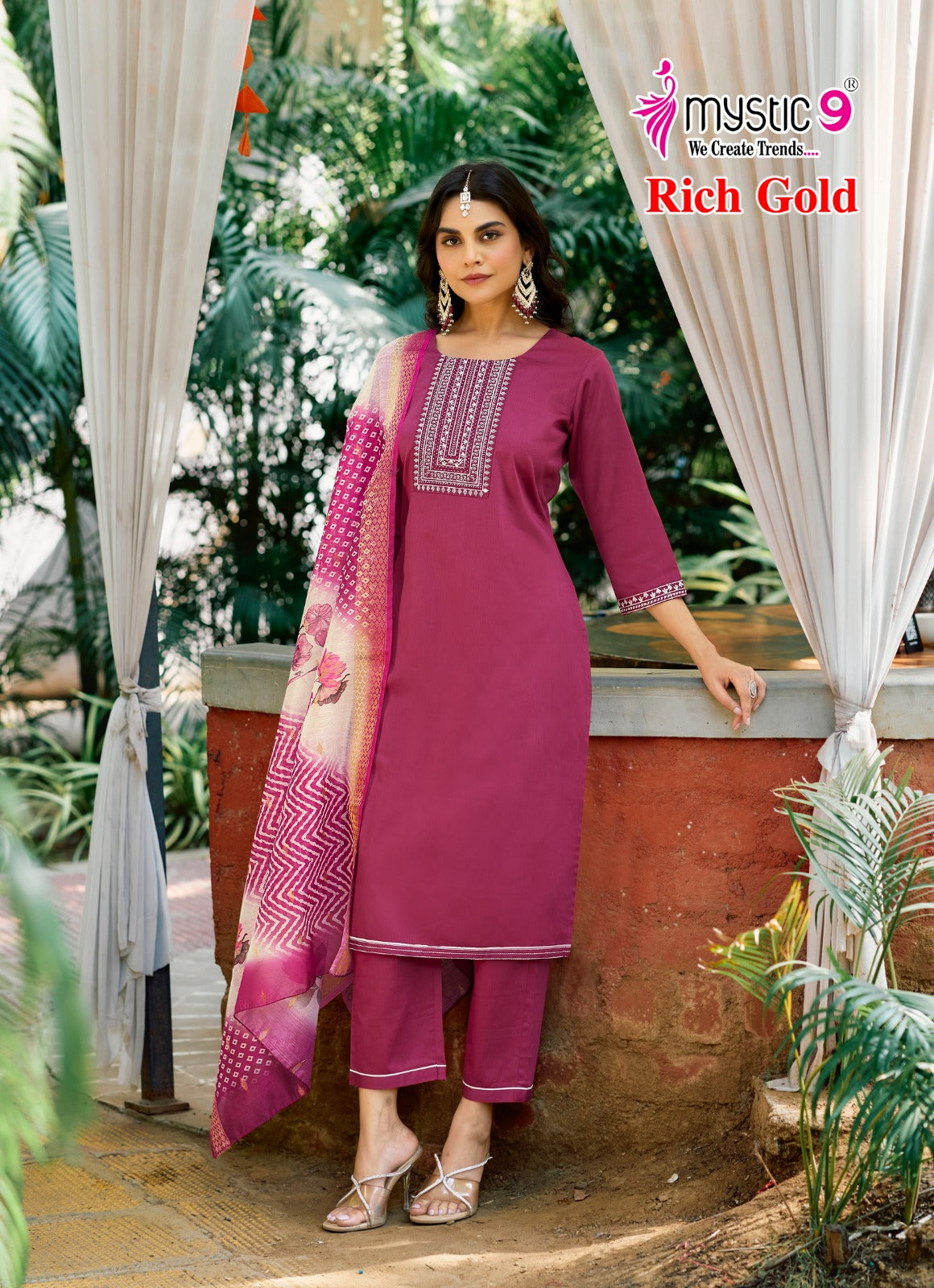 Rich Gold Vol 4 Mystic 9 Jam Satin Readymade Pant Style Suits Exporter India