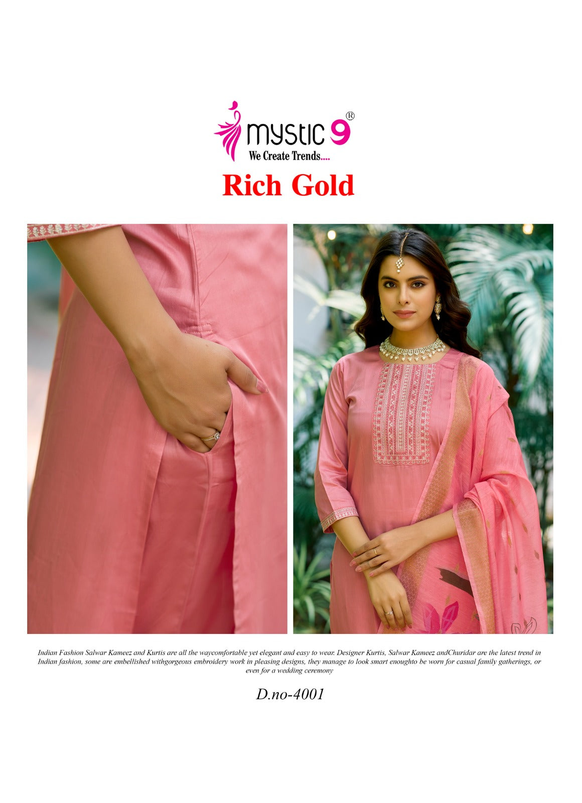 Rich Gold Vol 4 Mystic 9 Jam Satin Readymade Pant Style Suits Exporter India