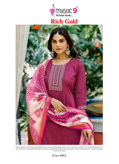 Rich Gold Vol 4 Mystic 9 Jam Satin Readymade Pant Style Suits Exporter India