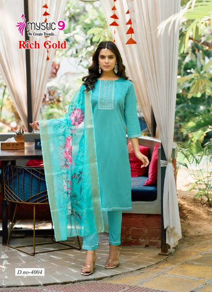 Rich Gold Vol 4 Mystic 9 Jam Satin Readymade Pant Style Suits Exporter India