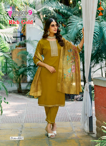 Rich Gold Vol 4 Mystic 9 Jam Satin Readymade Pant Style Suits Exporter India