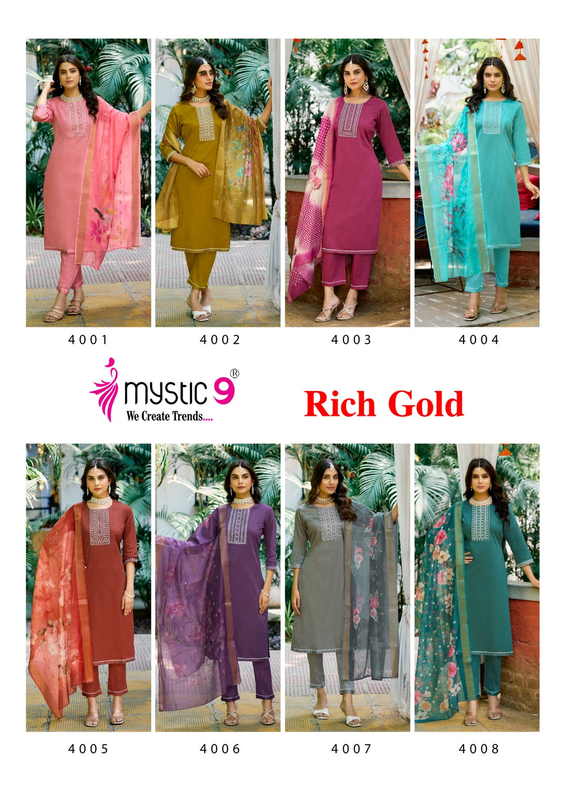 Rich Gold Vol 4 Mystic 9 Jam Satin Readymade Pant Style Suits Exporter India