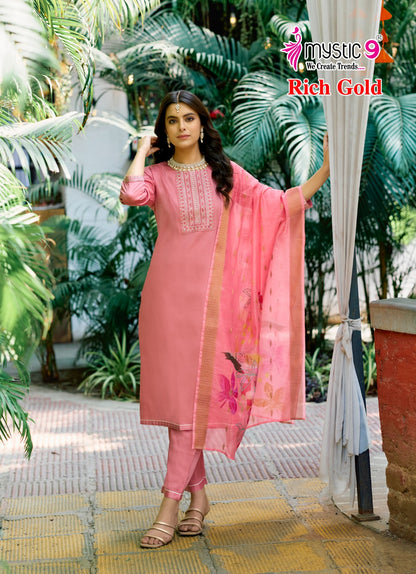 Rich Gold Vol 4 Mystic 9 Jam Satin Readymade Pant Style Suits Exporter India
