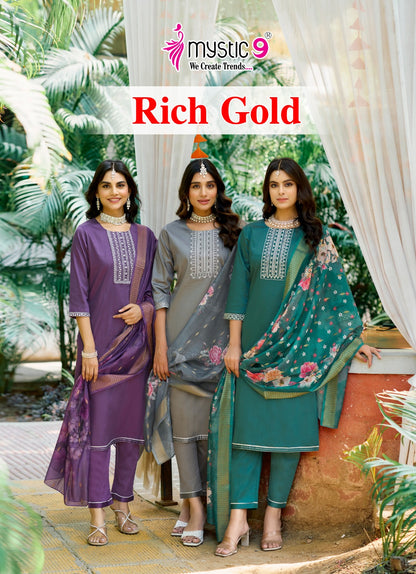 Rich Gold Vol 4 Mystic 9 Jam Satin Readymade Pant Style Suits Exporter India