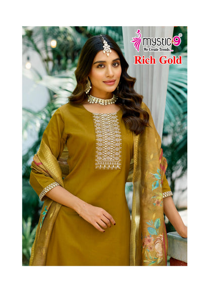 Rich Gold Vol 4 Mystic 9 Jam Satin Readymade Pant Style Suits Exporter India