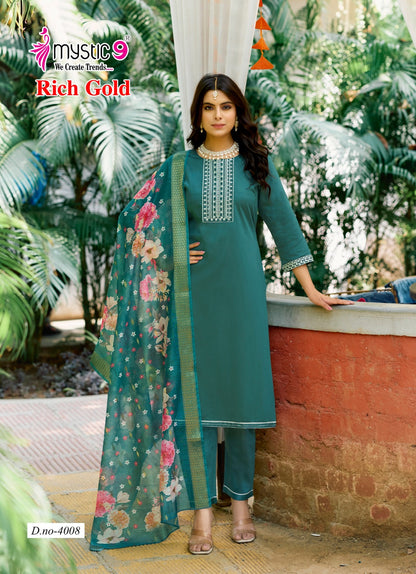 Rich Gold Vol 4 Mystic 9 Jam Satin Readymade Pant Style Suits Exporter India