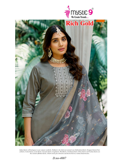 Rich Gold Vol 4 Mystic 9 Jam Satin Readymade Pant Style Suits Exporter India
