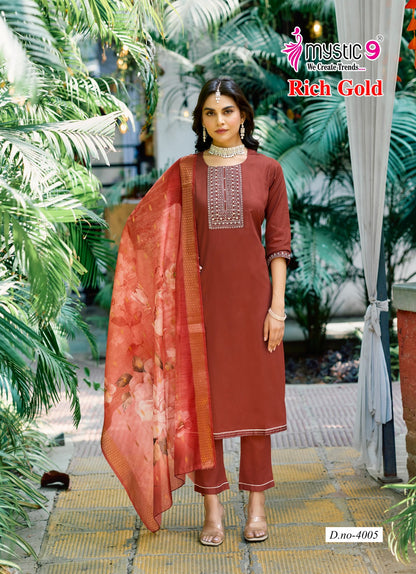 Rich Gold Vol 4 Mystic 9 Jam Satin Readymade Pant Style Suits Exporter India