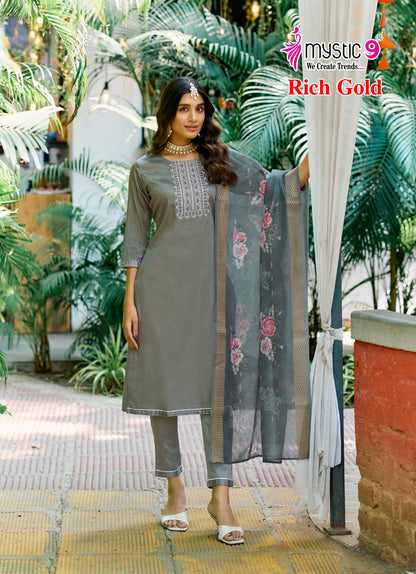 Rich Gold Vol 4 Mystic 9 Jam Satin Readymade Pant Style Suits Exporter India