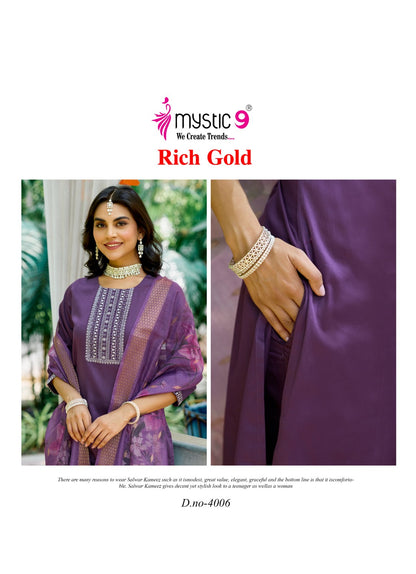 Rich Gold Vol 4 Mystic 9 Jam Satin Readymade Pant Style Suits Exporter India
