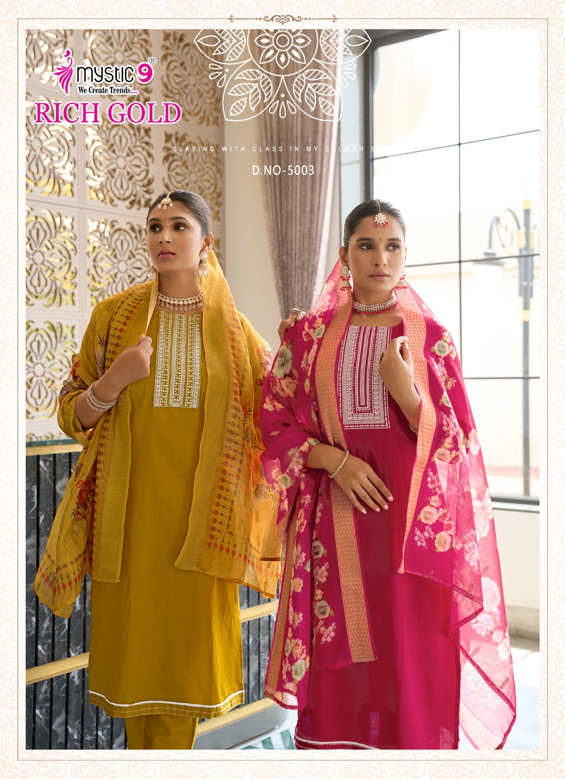 Rich Gold Vol 5 Mystic 9 Cotton Readymade Pant Style Suits Exporter Ahmedabad