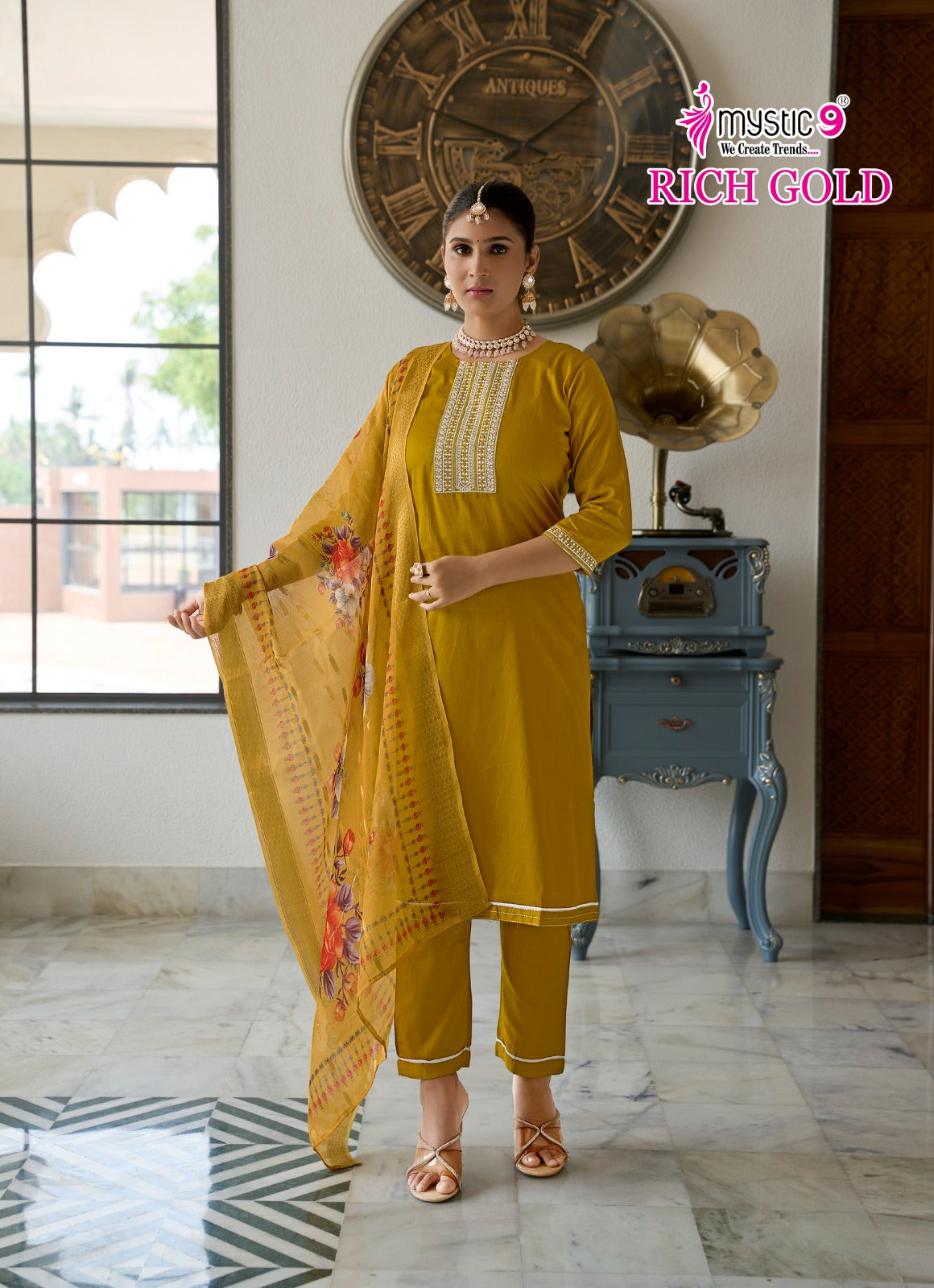 Rich Gold Vol 5 Mystic 9 Cotton Readymade Pant Style Suits Exporter Ahmedabad