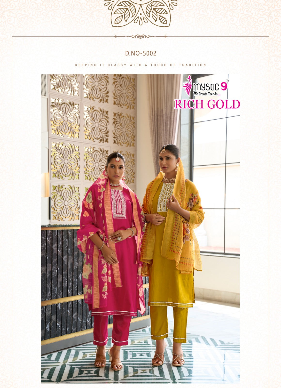Rich Gold Vol 5 Mystic 9 Cotton Readymade Pant Style Suits Exporter Ahmedabad