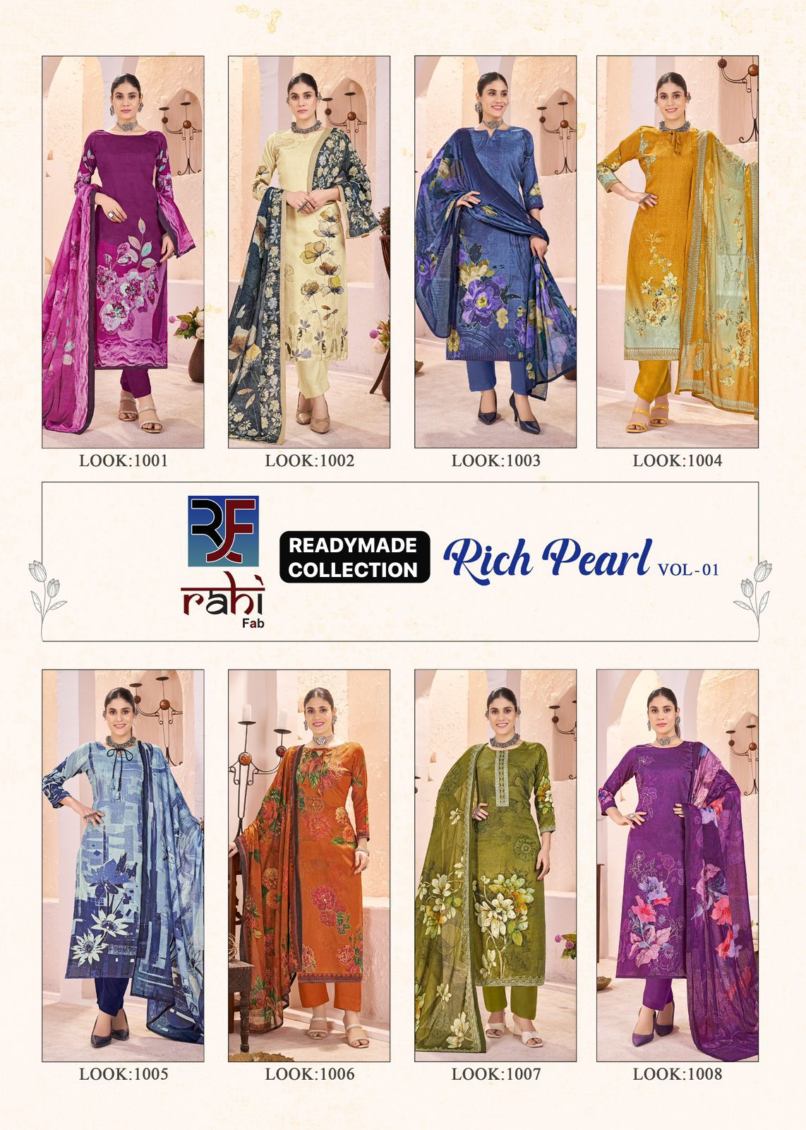 Rich Pearl Vol 1 Rahi Fab Jam Satin Karachi Readymade Suits Wholesaler
