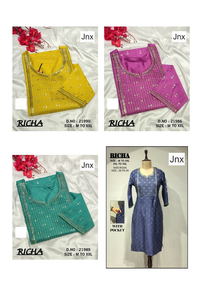 Richa 241125 Jnx Foil Straight Cut Kurtis Supplier Ahmedabad