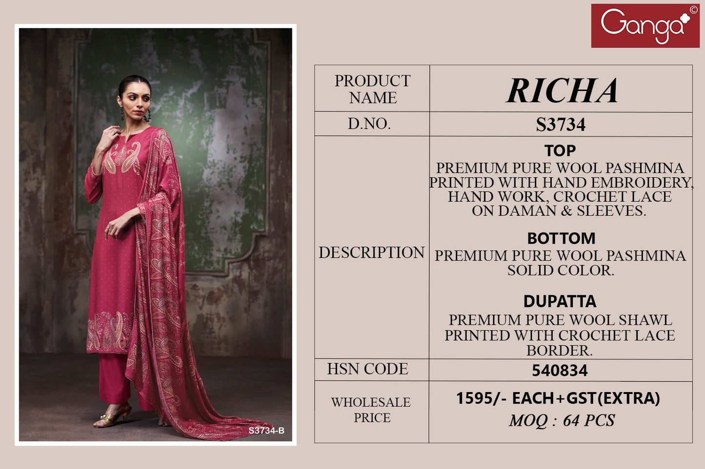 Richa 3734 Ganga Pashmina Suits Wholesaler Gujarat