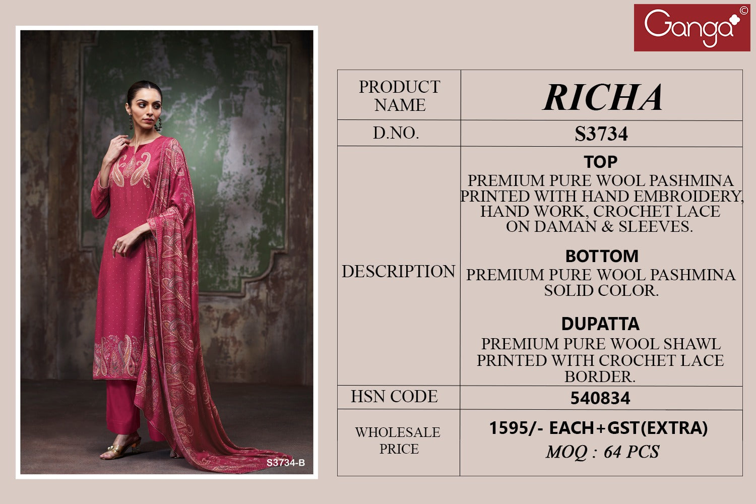 Richa 3734 Ganga Pashmina Suits Wholesaler Gujarat