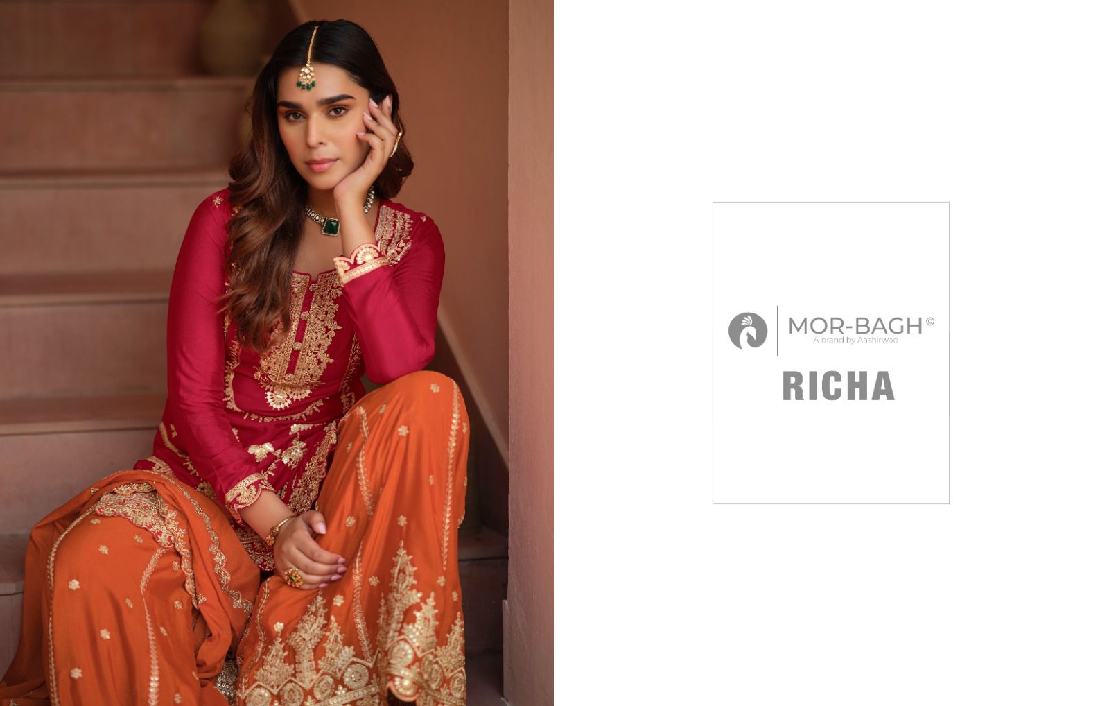 Richa Aashirwad Mor Bagh Chinnon Silk Readymade Plazzo Style Suits Exporter Gujarat