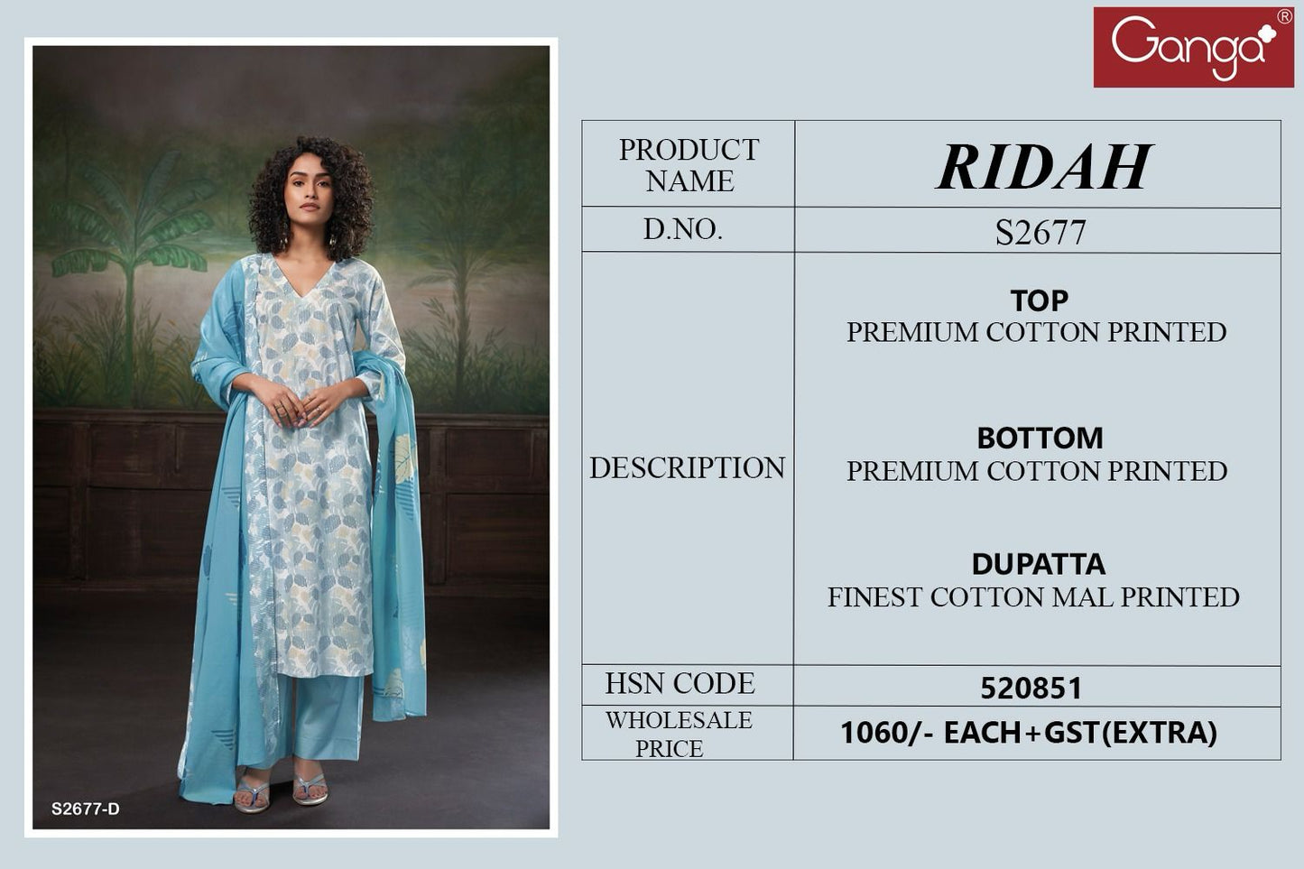 Ridah 2677 Ganga Premium Cotton Plazzo Style Suits Manufacturer Ahmedabad