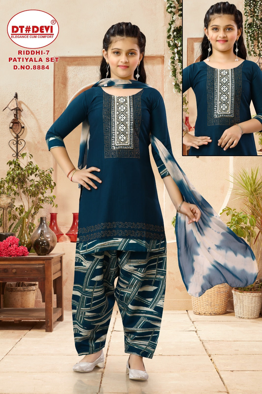 Riddhi Vol 7 Design 8884 Dt Devi Vetican Girls Readymade Patiyala Suits Supplier
