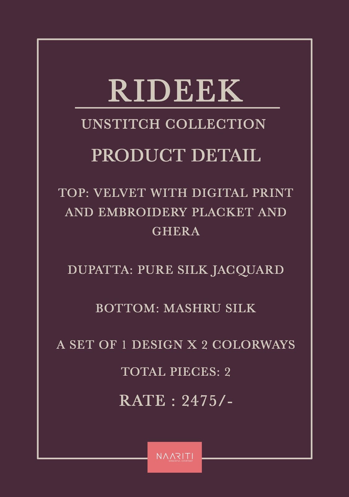 Rideek Naariti Pant Style Suits Supplier India