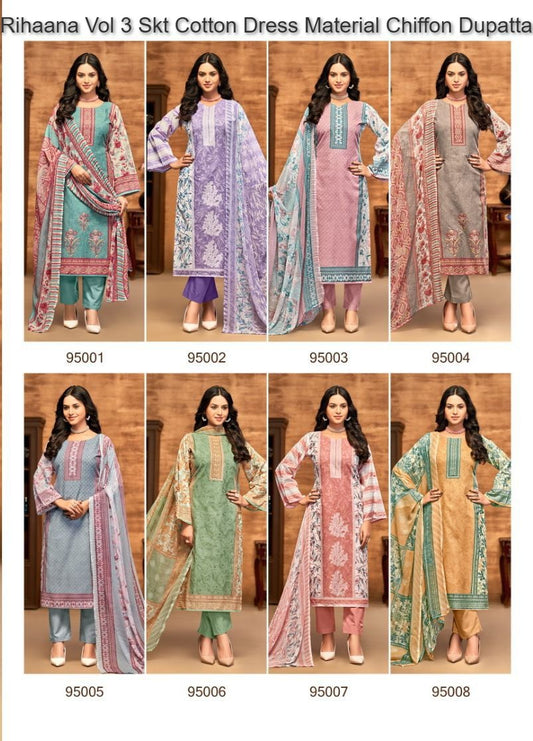 Rihaana Vol 3 Skt Cotton Dress Material Chiffon Dupatta Supplier Gujarat