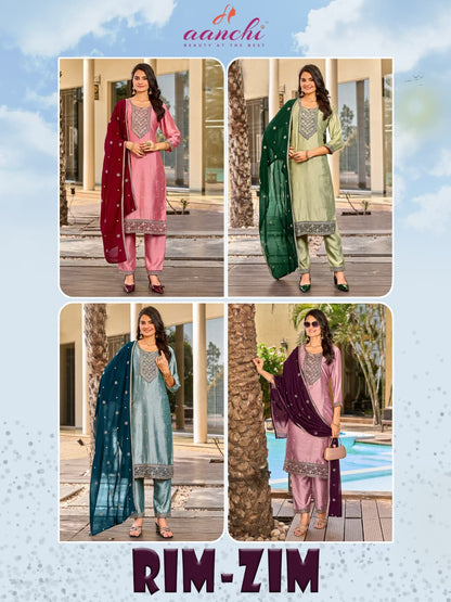 Rim Zim Aanchi Vichitra Silk Readymade Pant Style Suits Exporter