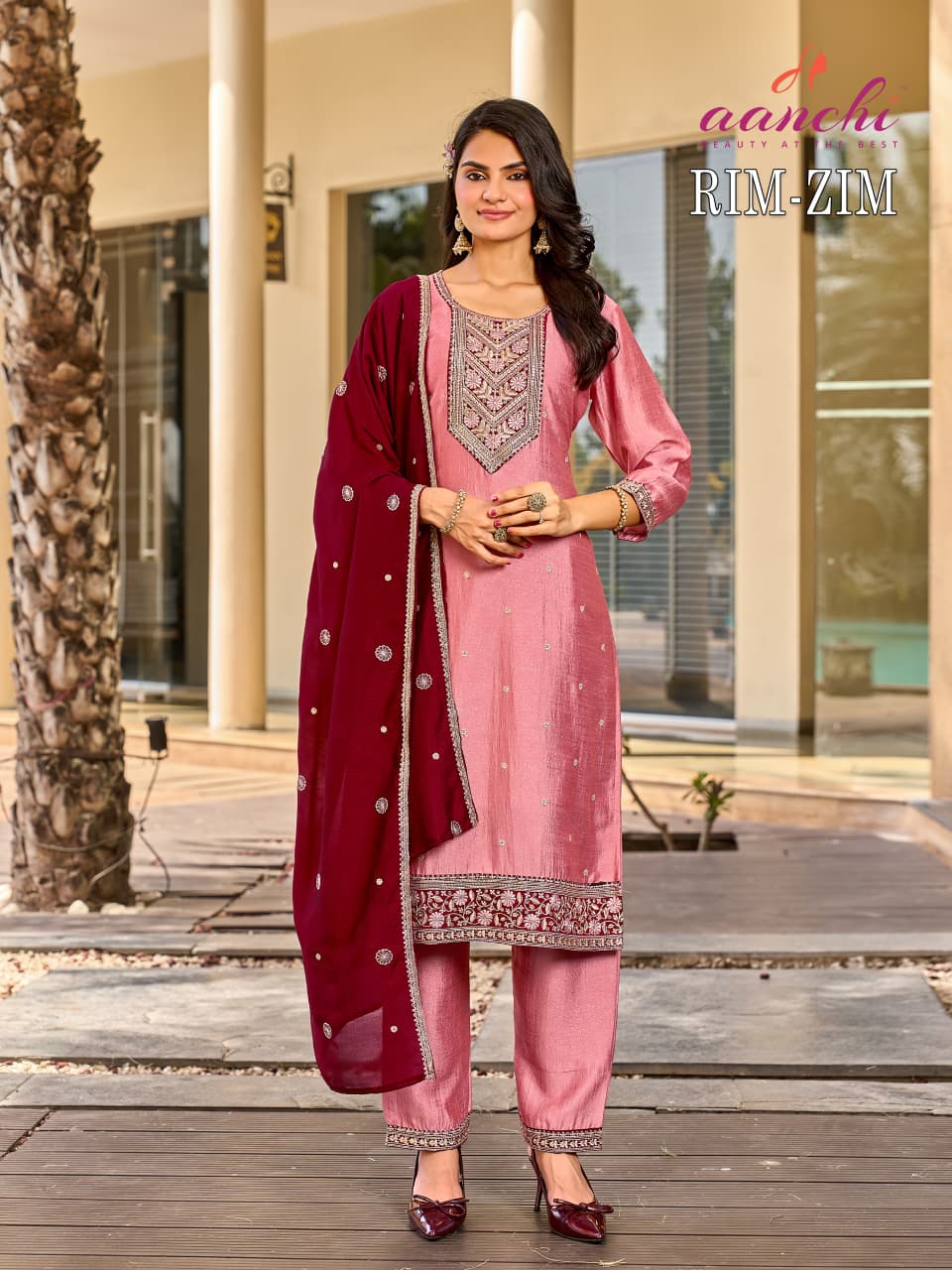 Rim Zim Aanchi Vichitra Silk Readymade Pant Style Suits Exporter