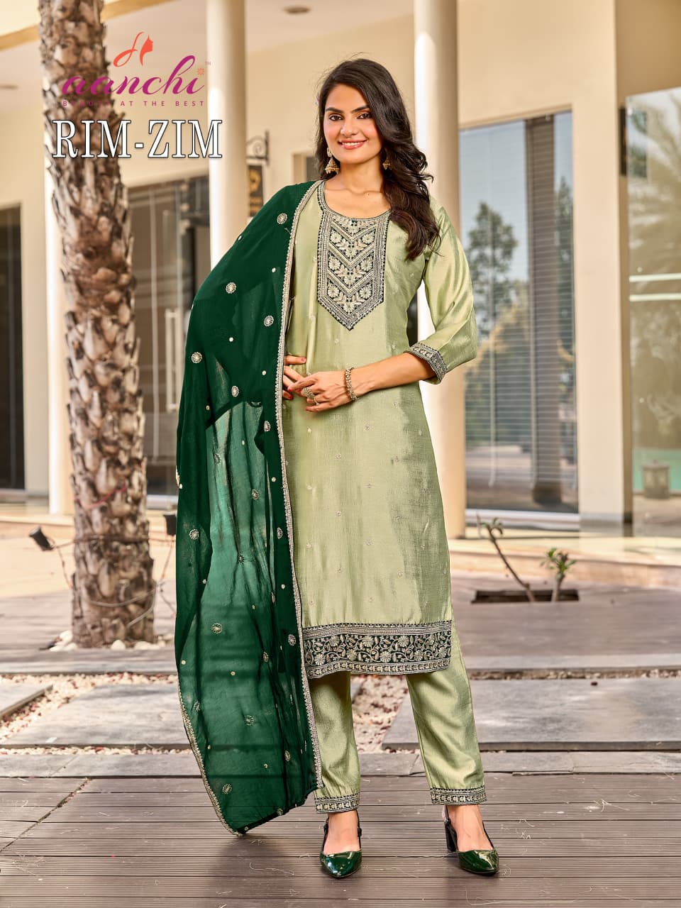 Rim Zim Aanchi Vichitra Silk Readymade Pant Style Suits Exporter