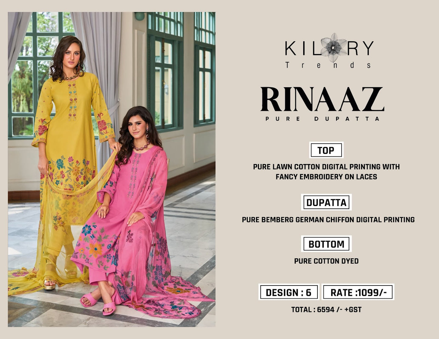 Rinaaz Kilory Pure Lawn Pant Style Suits Wholesaler India