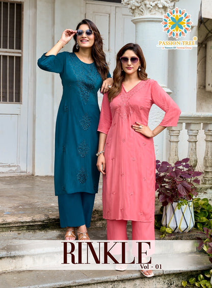 Rinkle Vol 1 Passion Tree Reyon Kurti Plazzo Set Supplier Gujarat