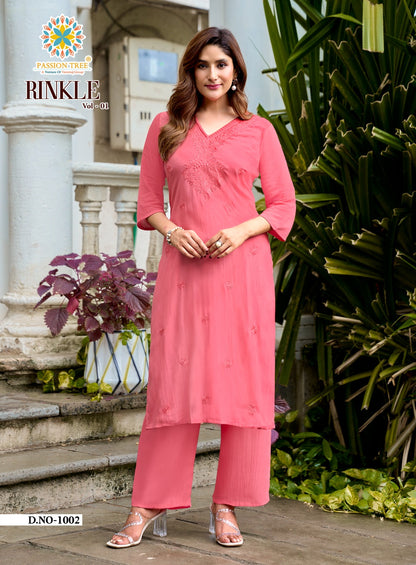 Rinkle Vol 1 Passion Tree Reyon Kurti Plazzo Set Supplier Gujarat