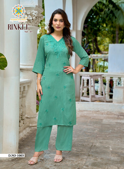 Rinkle Vol 1 Passion Tree Reyon Kurti Plazzo Set Supplier Gujarat