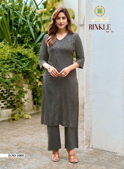 Rinkle Vol 1 Passion Tree Reyon Kurti Plazzo Set Supplier Gujarat