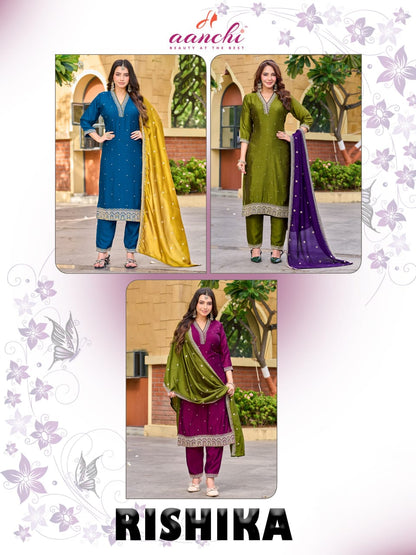 Rishika Aanchi Vichitra Silk Readymade Pant Style Suits Wholesaler India