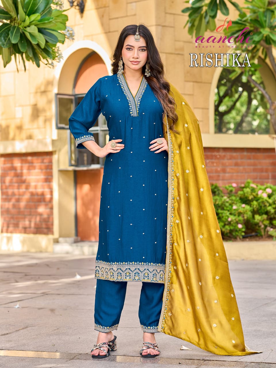 Rishika Aanchi Vichitra Silk Readymade Pant Style Suits Wholesaler India
