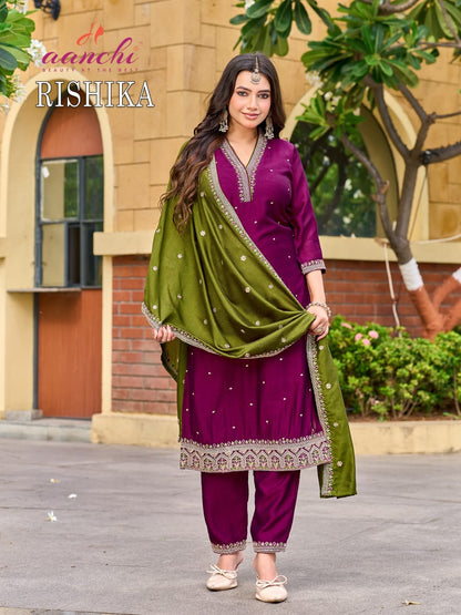 Rishika Aanchi Vichitra Silk Readymade Pant Style Suits Wholesaler India