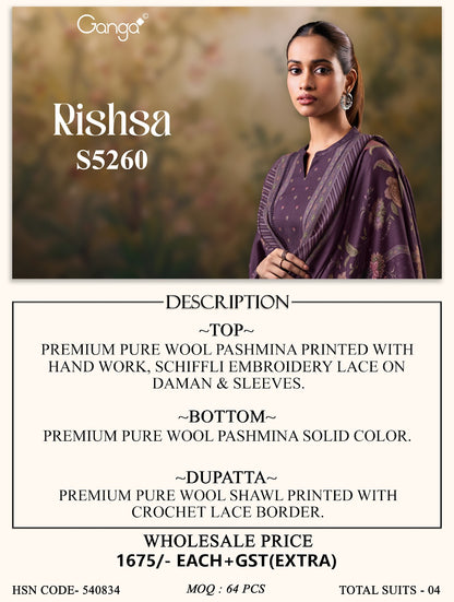 Rishsa S5260 Ganga Wool Pashmina Suits Wholesale Price