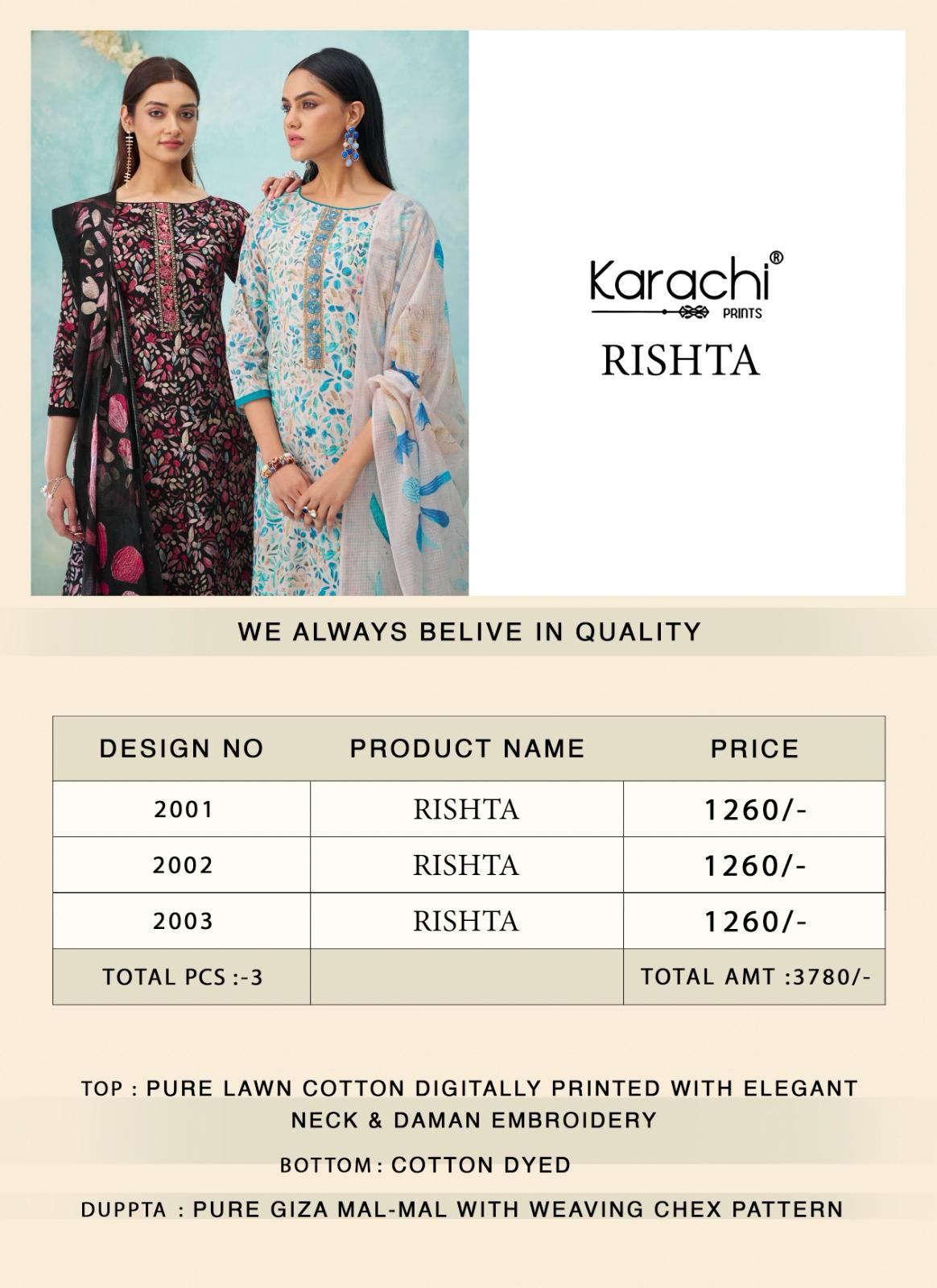 Rishta 2001 Karachi Prints Lawn Cotton Pant Style Suits Wholesaler India