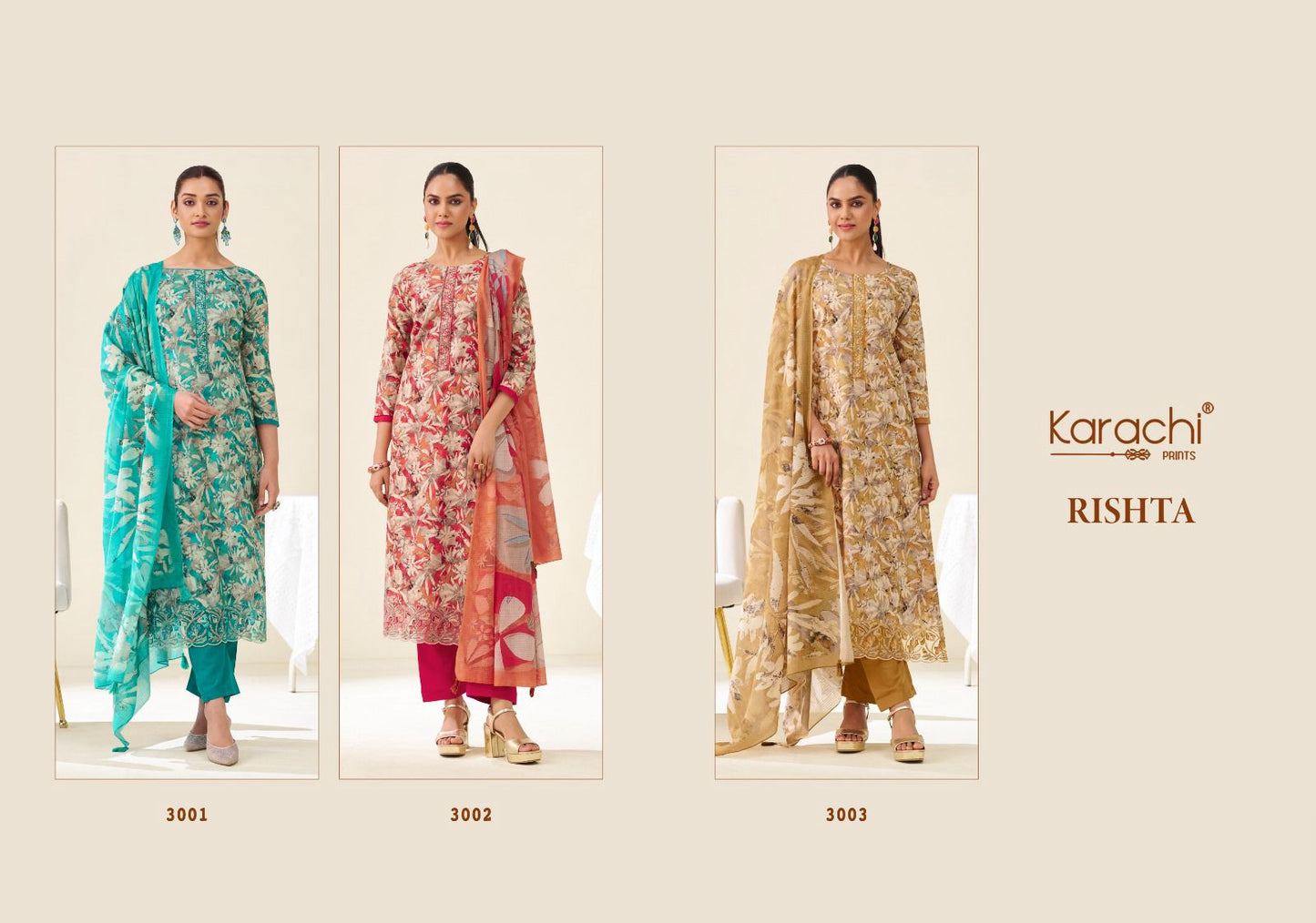 Rishta 3001 Karachi Prints Lawn Cotton Pant Style Suits Wholesale Price
