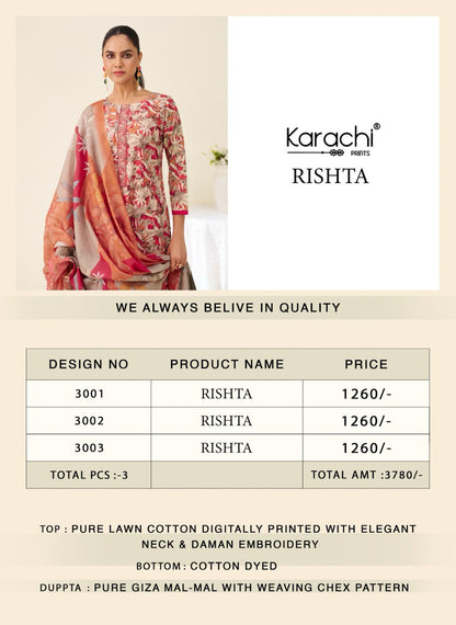 Rishta 3001 Karachi Prints Lawn Cotton Pant Style Suits Wholesale Price