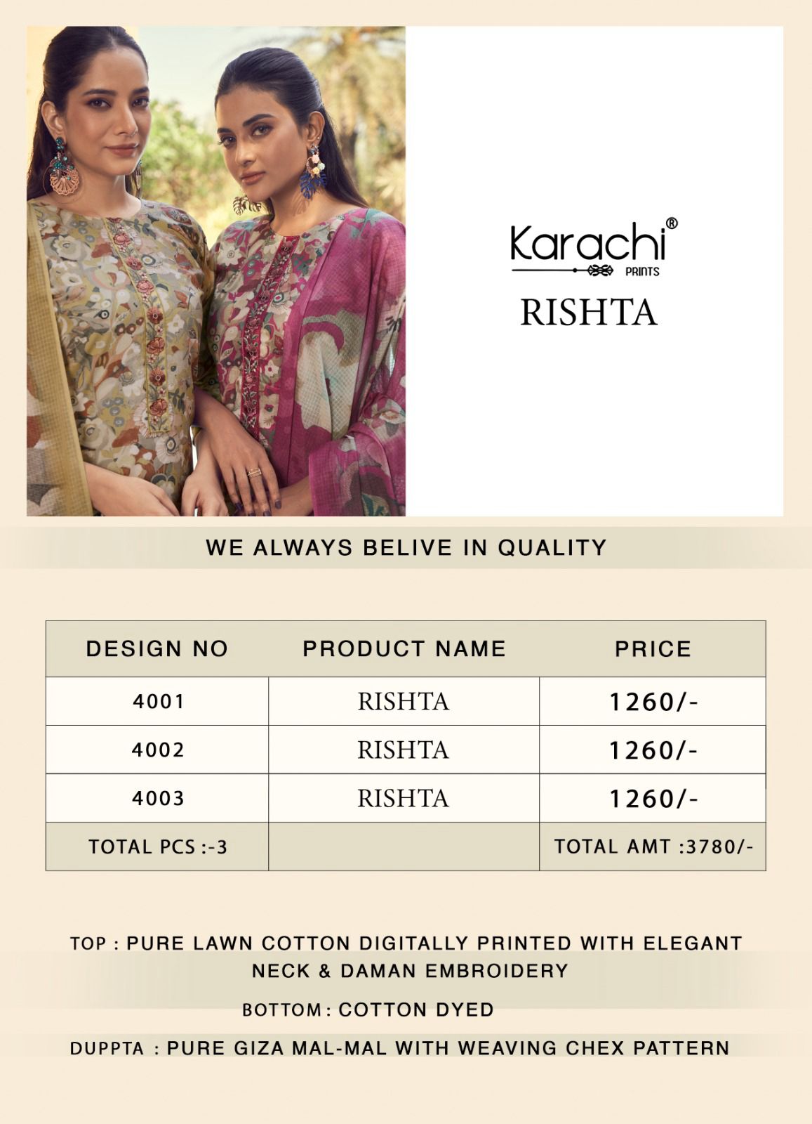 Rishta 4001 Karachi Prints Lawn Cotton Pant Style Suits Manufacturer Gujarat