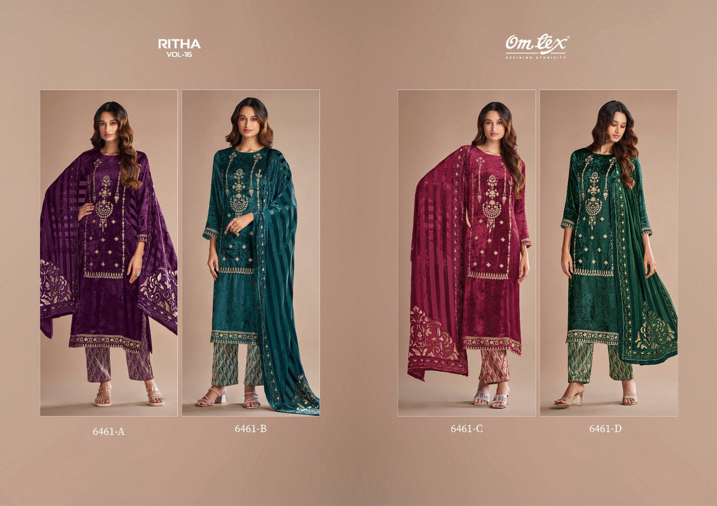 Ritha Vol 16 6461 Omtex Pure Viscose Velvet Suits Wholesale Rate
