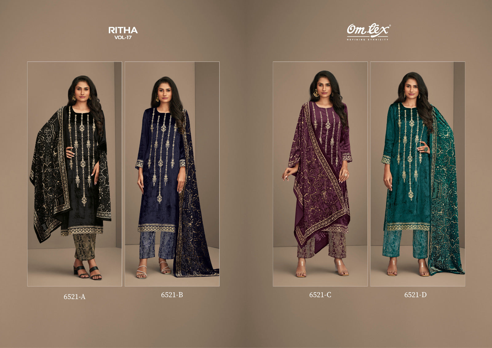Ritha Vol 17-6521 Omtex Pure Viscose Velvet Suits Supplier India