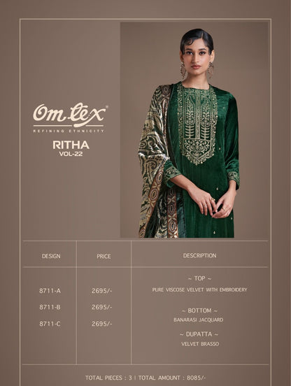 Ritha Vol 22 Omtex Pure Viscose Velvet Suits Wholesale Price