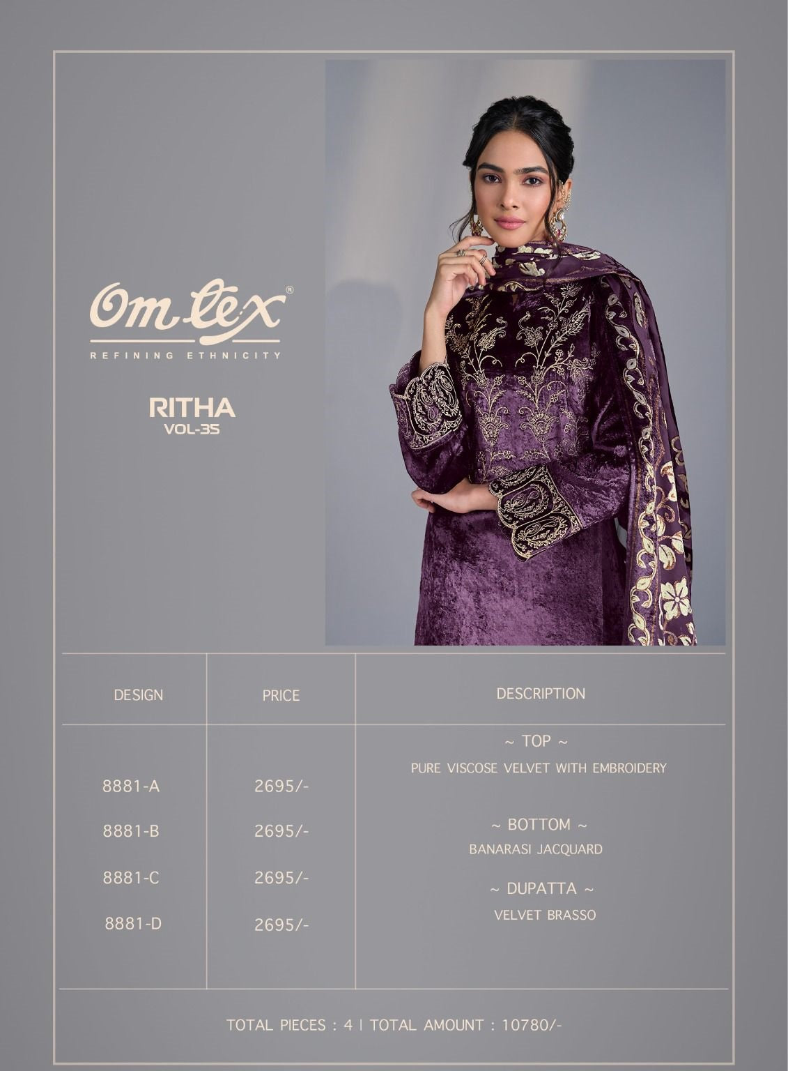 Ritha Vol 35 Omtex Pure Viscose Velvet Suits Exporter Ahmedabad