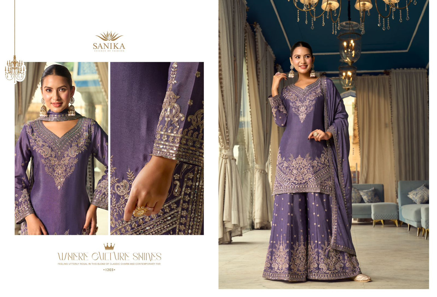 Rithika Sanika Fashion Chinnon Silk Readymade Plazzo Style Suits Exporter Gujarat