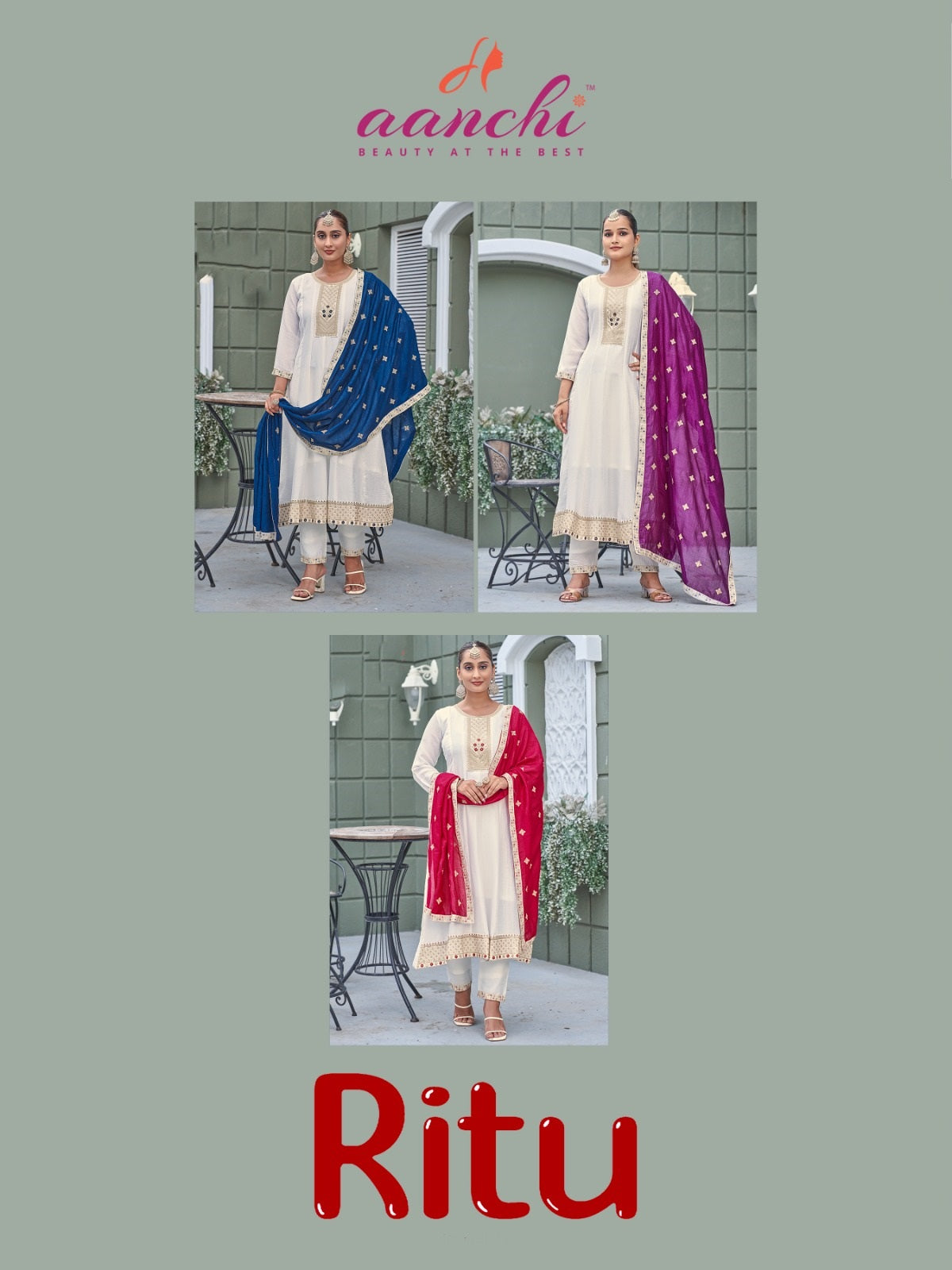 Ritu White Special Aanchi Vichitra Silk Readymade Anarkali Suits Wholesaler Gujarat